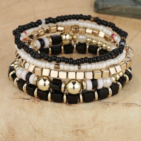 Jewelry - 5 Individual Minimalist Beaded Bracelets  Black, white and gold